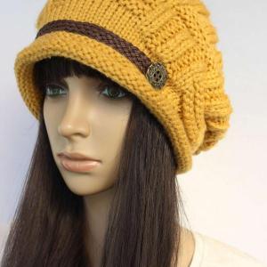Yellow Slouchy Knitted Hat Cap Beanie on Luulla