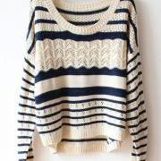 Loose Sweater with Blue and White Stripes