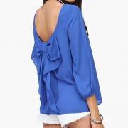  Casual chiffon blouses Top with Bow on Back in Blue