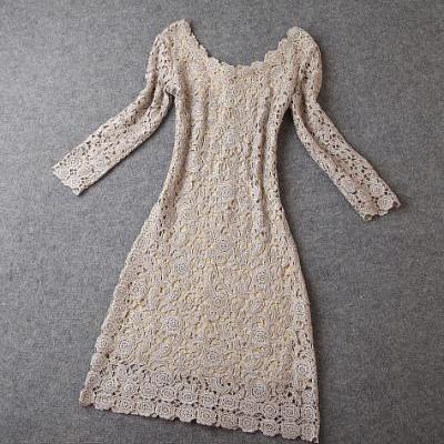 Long Sleeve Crochet Handmade Floral Dress in Beige