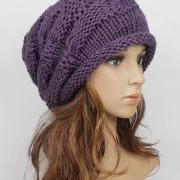 Slouchy woman handmade knitting hat purple clothing cap