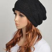 Slouchy woman handmade knitted hat clothing cap Black