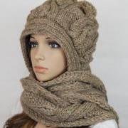 Handmade knitted crochet hooded scarf hat woman clothing wool 