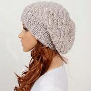 Slouchy woman handmade knitted hat clothing cap beige