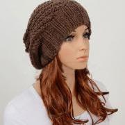 Slouchy woman handmade knitted hat clothing cap brown