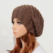 Slouchy woman handmade knitted hat clothing cap brown