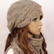 Wool slouchy woman handmade knitting hat and scarf set - light brown