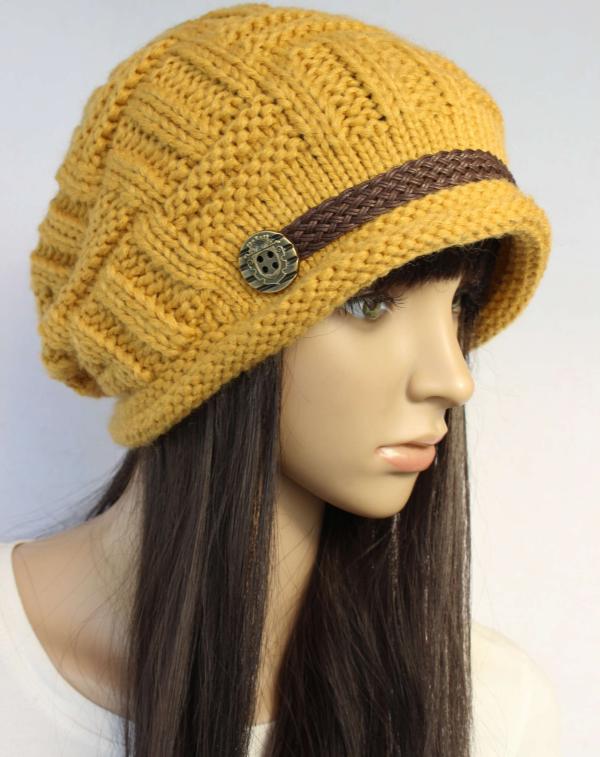 Yellow Slouchy Knitted Hat Cap Beanie on Luulla