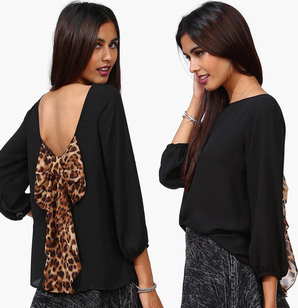Casual Chiffon Blouses Top With Bow On Back In Black on Luulla