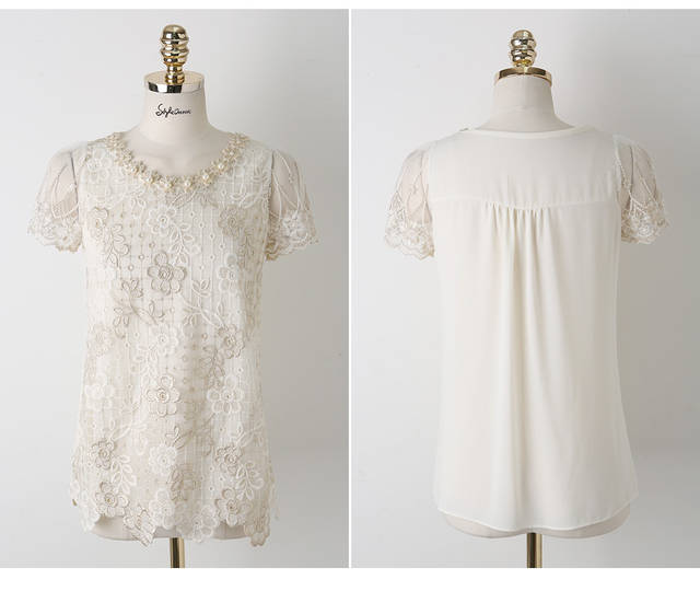 Elegant Beaded Short Sleeve Lace Blouses Top In White on Luulla