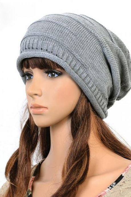 Gray Slouchy Knitted Hat Cap Bonnie
