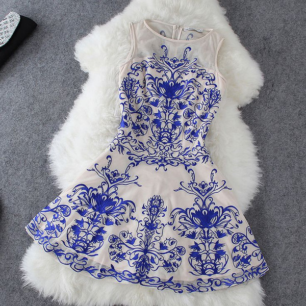 Embroidered Dress in Blue and white